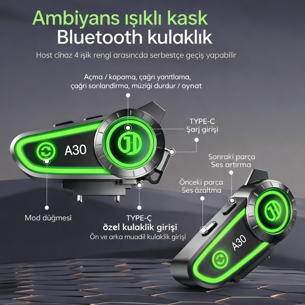 A30 Ambient Light Bluetooth Kask Kulaklığı – Bluetooth 5.3, Hi-Fi Ses ve Gürültü Engelleme