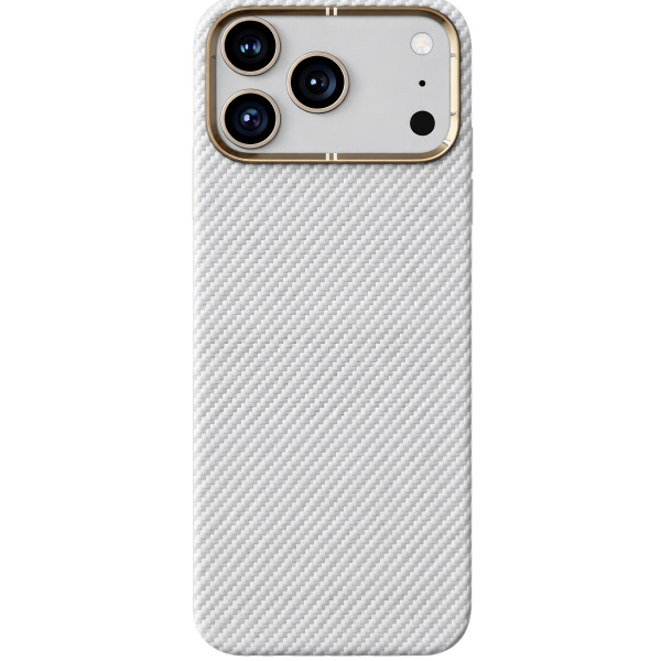 600D white Karbon Fiber Telefon Kılıfı – Altın Kamera Çerçeveli, Premium Darbe Emici Koruma