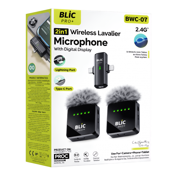 BWC-07 2.4G Kablosuz Yaka Mikrofonu – Type-C & Lightning Uyumlu, Dijital Ekranlı