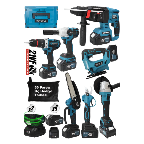 RETOOLS ULTRA 7’Lİ PROFESYONEL ŞARJLI MAKİNE SETİ | 7 FARKLI MAKİNE, 4 BATARYA, 2 HIZLI ŞARJ İLE TAM DONANIM!