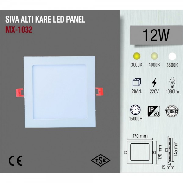 MAXLED MX-1032 12W KARE SIVA ALTI LED PANEL