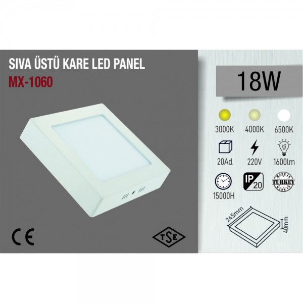 MAXLED MX-1060 18W SIVA ÜSTÜ KARE LED PANEL