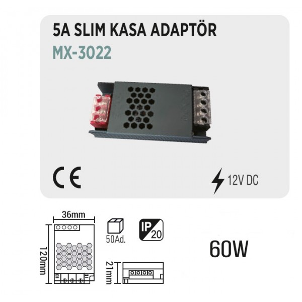 MAXLED MX-3022  12V DC  60W 5A SLIM KASA ADAPTÖR