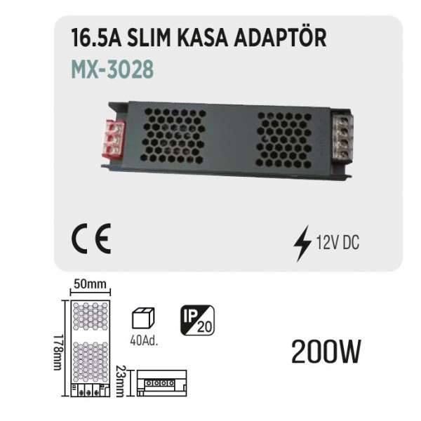 MAXLED MX-3028 12V DC 200W 16.5A SLIM KASA ADAPTÖR