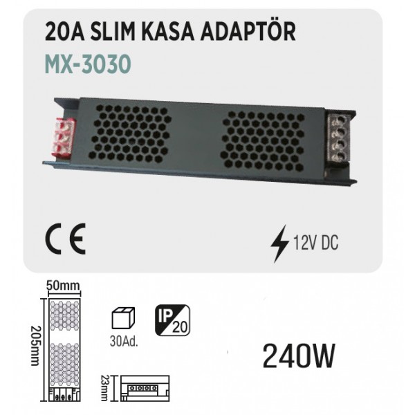 MAXLED MX-3030 12V DC 240W 20A SLIM KASA ADAPTÖR