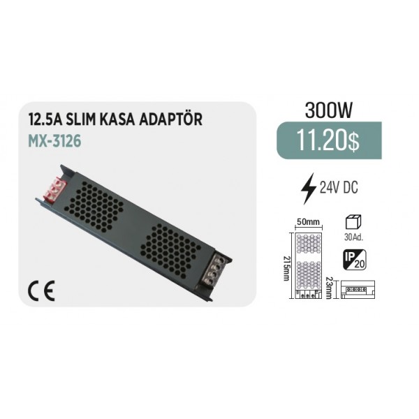 MAXLED MX-3126 300W 24V DC 12.5A SLIM KASA ADAPTÖR