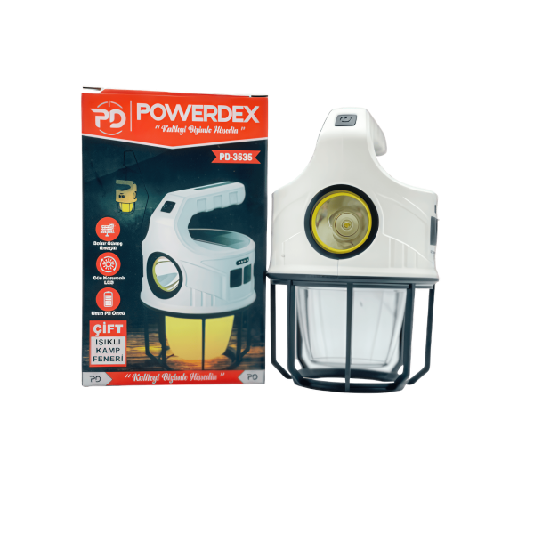 POWERDEX PD 3535 SOLAR ŞARJLI KAMP LAMBASI ÇİFT IŞIKLI, TAŞINABİLİR, GÜNEŞ ENERJİLİ LED FENER
