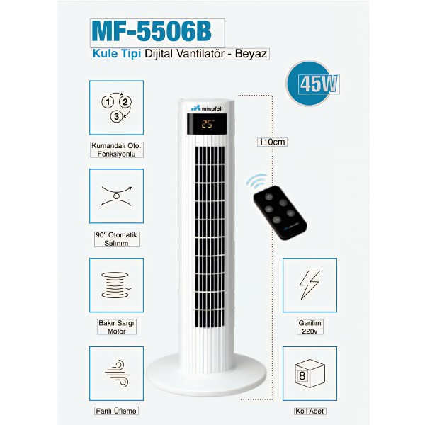 MF-5506B  Kule Tipi Dijital Vantilatör – Beyaz 3 Yıl Garantili Dijital Ekranlı, Uzaktan Kumandalı, Sessiz Soğutma ve Şık Tasarım