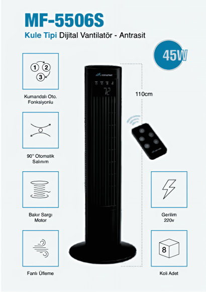 MF-5506S Kule Tipi Dijital Vantilatör Antrasit 3 Yıl Garantili Dijital Ekranlı, Uzaktan Kumandalı, Sessiz Soğutma ve Şık Tasarım MF-5506S Kule Tipi Dijital Vantilatör Antrasit 3 Yıl Garantili Dijital Ekranlı, Uzaktan Kumandalı, Sessiz Soğutma ve Şık Tasarım