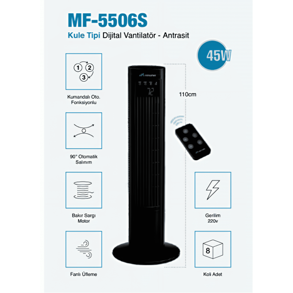MF-5506S Kule Tipi Dijital Vantilatör  Antrasit  3 Yıl Garantili Dijital Ekranlı, Uzaktan Kumandalı, Sessiz Soğutma ve Şık Tasarım