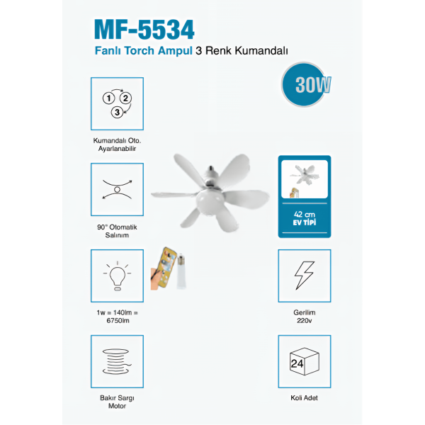MF-5534 Kumandalı Fanlı  42 cm Torch Ampul  3 Renk Işık Seçenekli , Sessiz Soğutmalı 3 Yıl Garantili