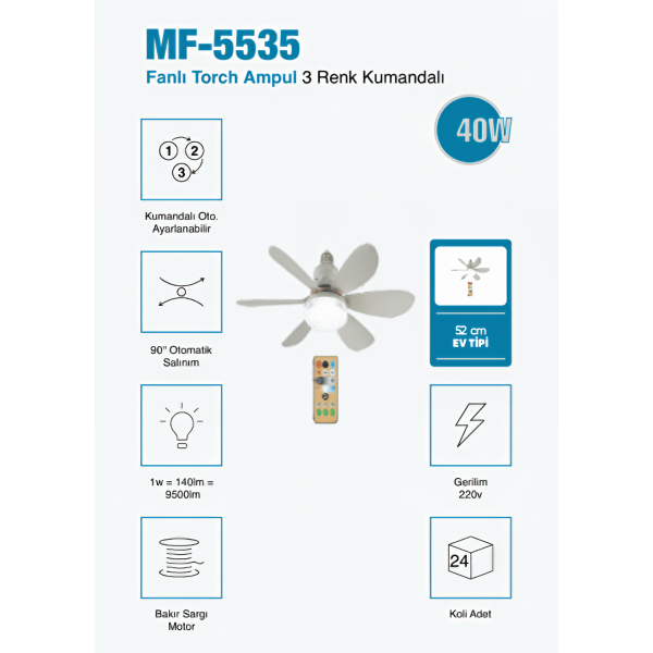 MF-5535 Kumandalı Fanlı  52 cm Torch Ampul 3 Renk Işık Seçenekli , Sessiz Soğutmalı 3 Yıl Garantili