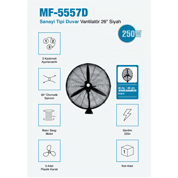 MF-5557D Sanayi Tipi Duvar Vantilatör 26 inç 65 cm Ayarlanabilir Başlık Siyah Gövde 3 Yıl Garantili