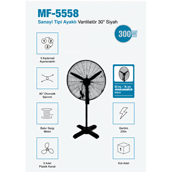 MF-5558 Sanayi Tipi Ayaklı Vantilatör – 30 inç | 76 cm Ayarlanabilir Başlık | Siyah Metal Gövde 3 Yıl Garantili