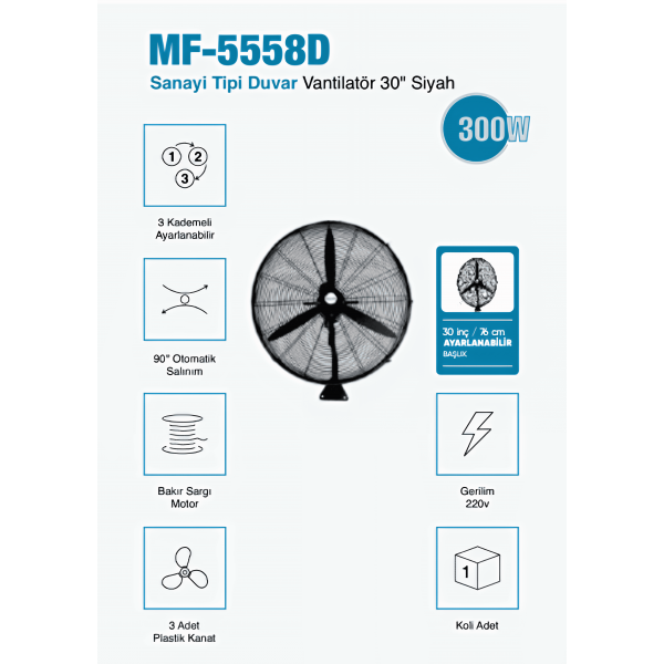 MF-5558D Sanayi Tipi Duvar Vantilatör  30 inç  26 cm Ayarlanabilir Başlık Siyah Gövde 3 Yıl Garantili