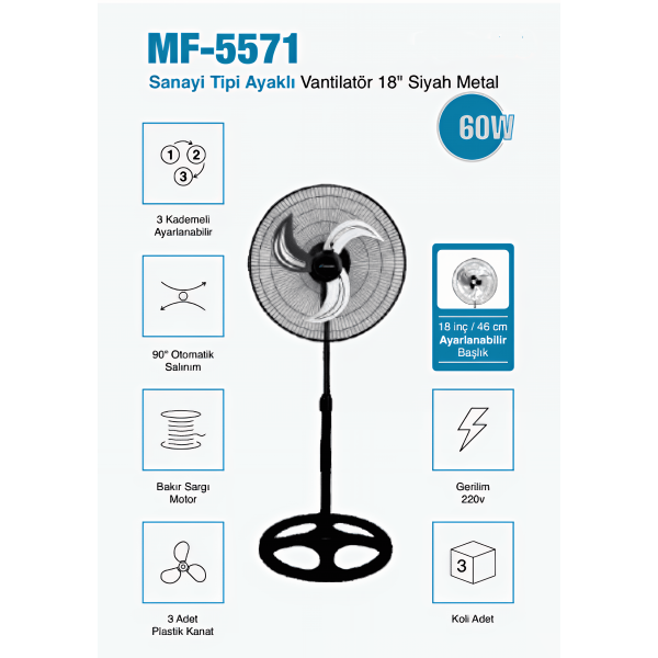 MF-5571 " Sanayi Tipi Ayaklı 18 inç  " Vantilatör – Siyah Metal Gövde | Güçlü ve Dayanıklı | 3 Yıl Garantili