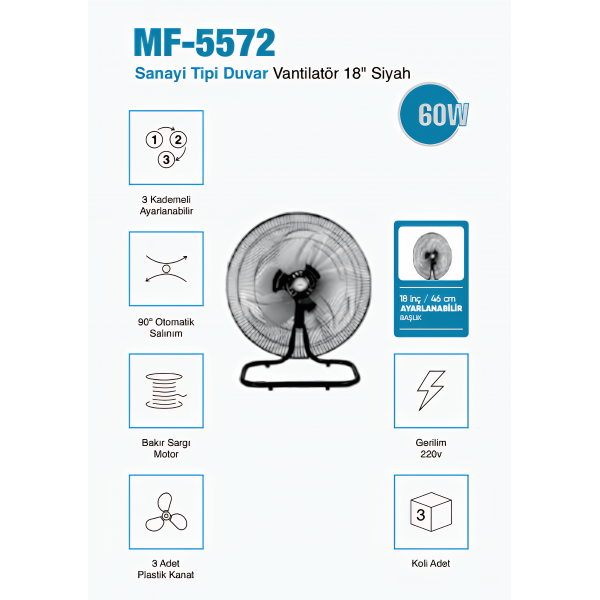 MF-5572 Sanayi Tipi Duvar Vantilatör – 18 inç " Siyah | Güçlü ve Dayanıklı | 3 Yıl Garantili