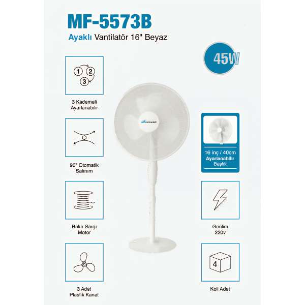 MF-5573B Ayaklı Vantilatör 16 inç " Beyaz 3 Yıl Garantili, Sessiz ve Güçlü Serinlik