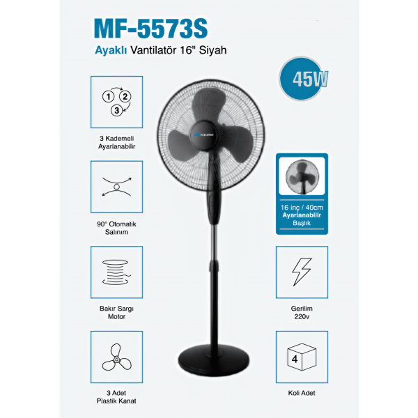 MF-5573S " Ayaklı Vantilatör 16inç " Siyah  3 Yıl Garantili, Sessiz ve Güçlü Serinlik
