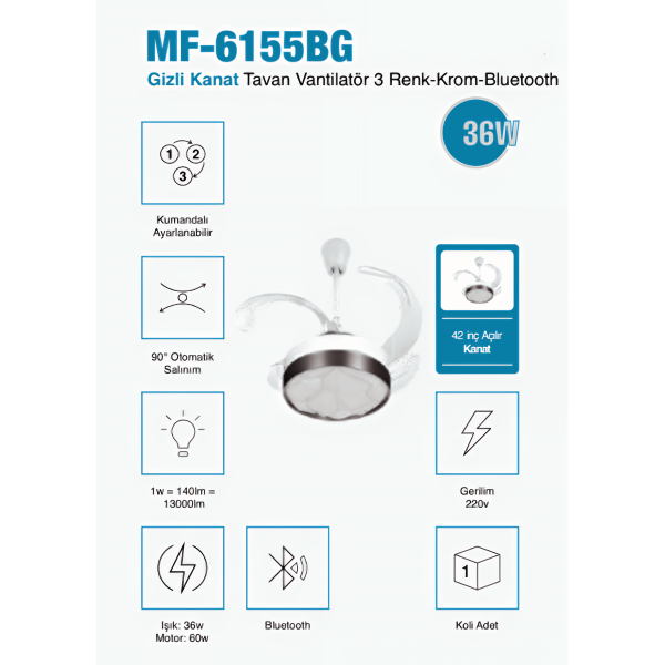 MF-6155BG Gizli  42 inç Açılır Kanat Tavan Vantilatör  Krom  Bluetooth Özellikli, 3 Renk LED Işık  3 Yıl Garantili