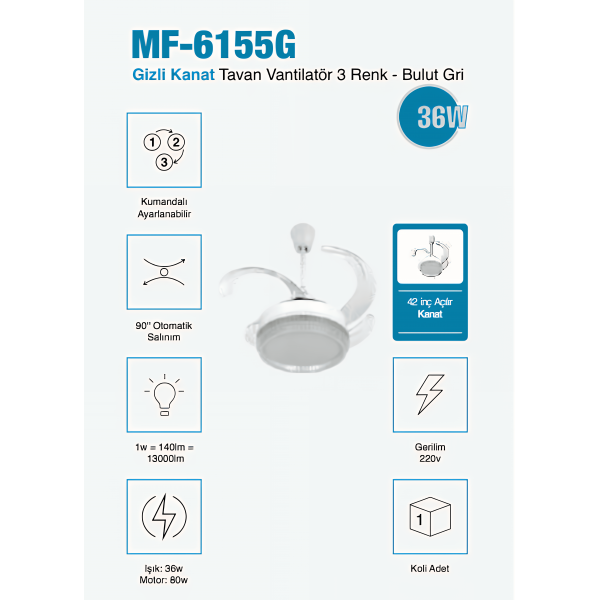 MF-6155G Gizli  42 inç Açılır Kanat Tavan Vantilatör 3 Renk Işık Seçenekli 3 Yıl Garantili Bulut Gri Şık ve Sessiz Tasarım