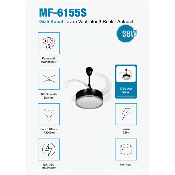 MF-6155S Gizli  42 inç Açılır Kanat Tavan Vantilatör Antrasit 3 Renk Işık Seçenekli, Sessiz ve Şık Tasarım  3 Yıl Garantili