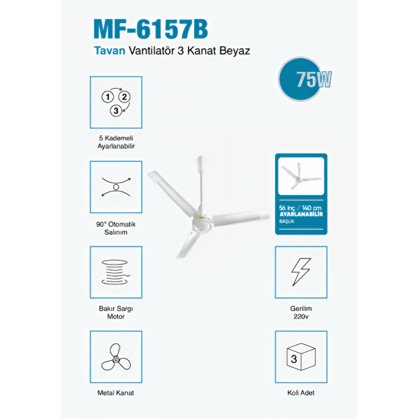 MF-6157B 56 inç ” Tavan Vantilatör 140 cm Metal Kanat, Ayarlanabilir Başlık, Beyaz Gövde 3 Yıl Garantili
